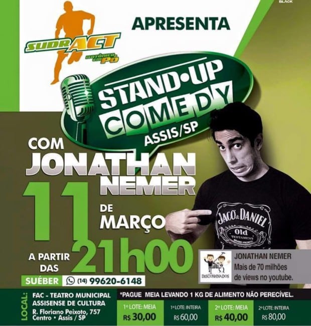Jonathan Nemer se apresenta com show de stand up comedy, em Assis (SP)