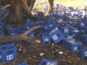 Pessoas tentaram saquear garrafas de cerveja (Foto: TV TEM/Reprodução)