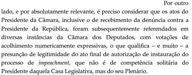 Trecho de decisão de Zavaschi que nega pedido da AGU para anular processo de impeachment (Foto: Reprodução)