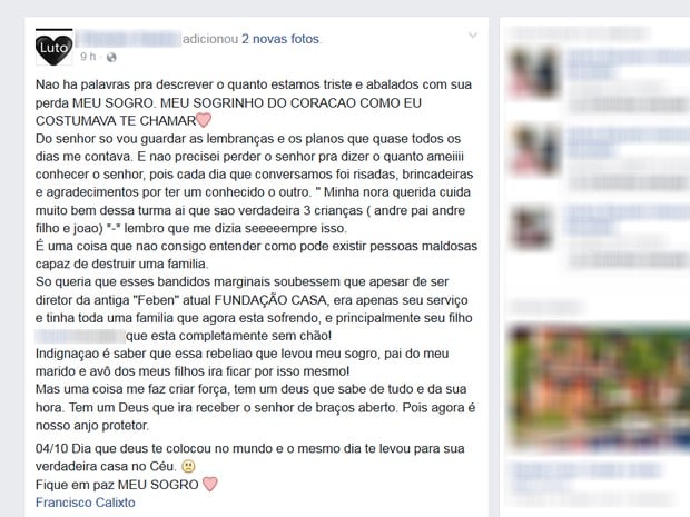 Família publicou nas redes sociais mensagem para agente (Foto: Reprodução/Facebook/Flaviane Soares)