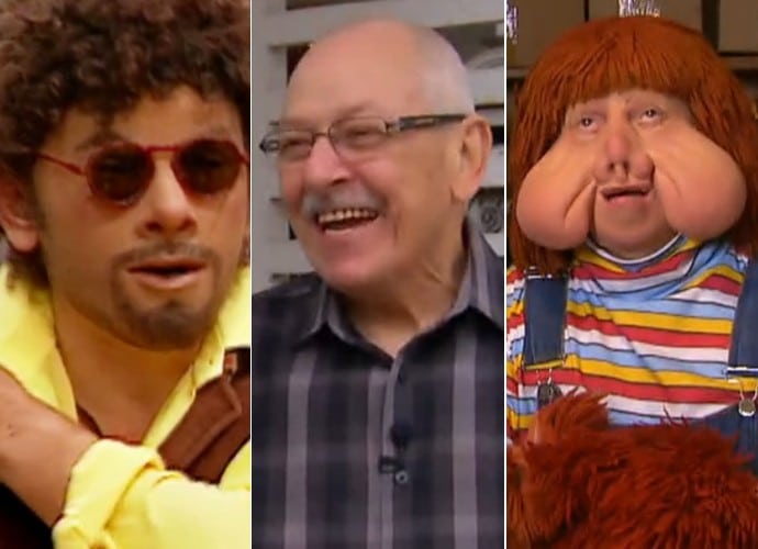 Orival Pessini ao lado dos seus personagens de maior sucesso, Patropi e Fofão (Foto: Reprodução/TV Globo)
