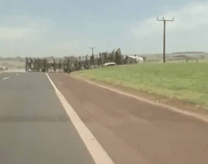 Carreta tombou após cruzar a pista (Foto: Reprodução/TV TEM)