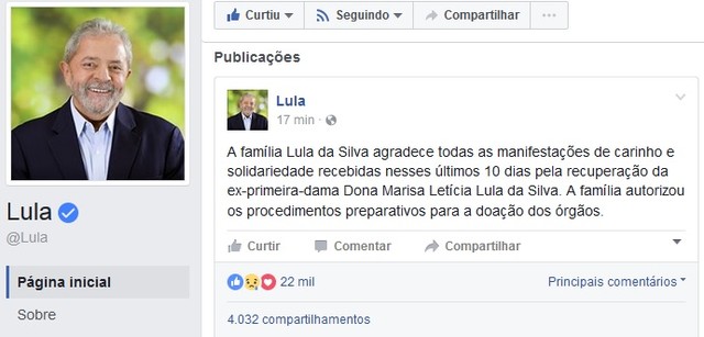 Post no Facebook do ex-presidente Lula sobre o estado de Dona Marisa (Foto: Facebook/Reprodução)