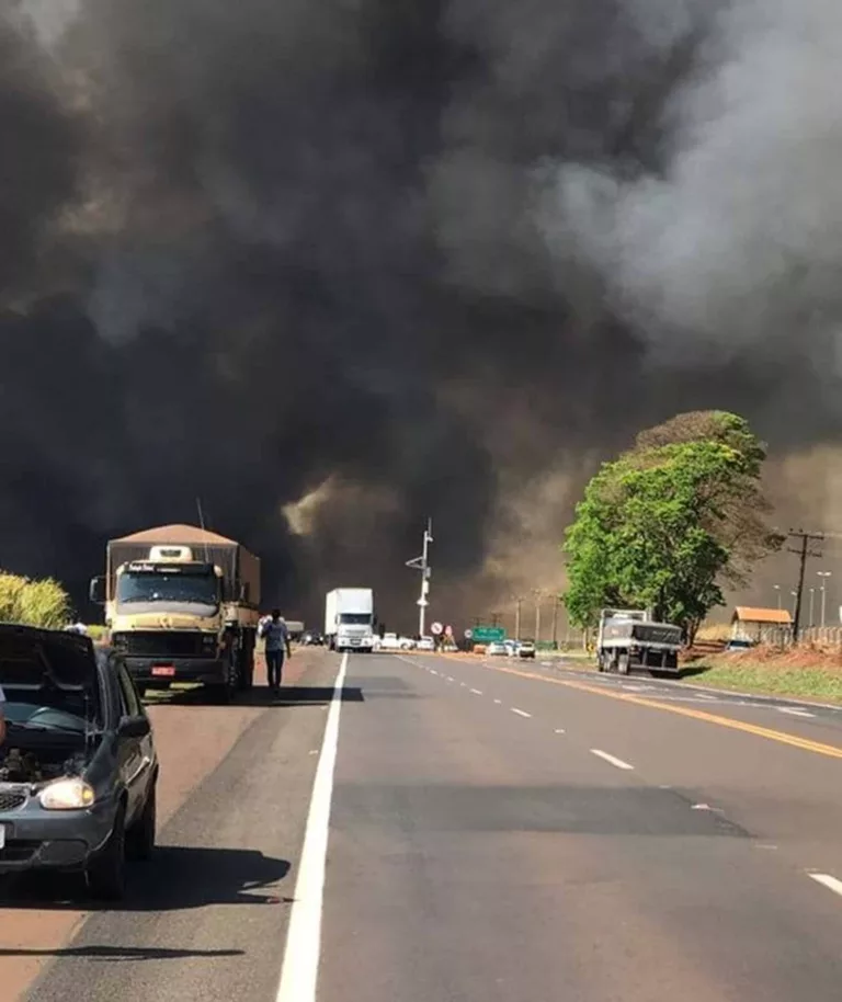 Fumaça alta e intensa atrapalhou o trânsito na rodovia em Florínea (Foto: Gazeta Regional/ Divulgação)