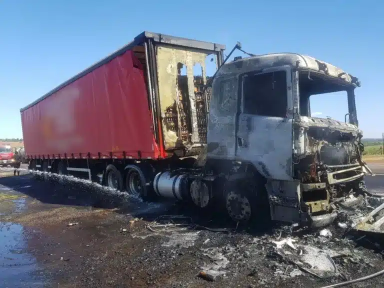 Caminhão de cerveja fica destruído depois de pegar fogo em rodovia de Paraguaçu Paulista — Foto: Corpo de Bombeiros/Divulgação