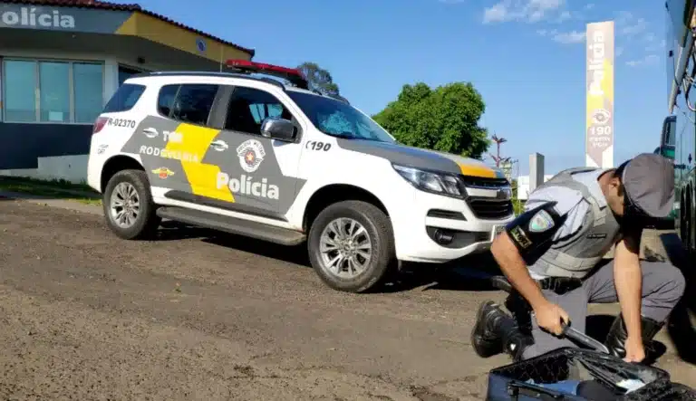 Policial precisou cortar o forro da mala da suspeita para encontrar a cocaína escondida — Foto: Polícia Rodoviária/Divulgação