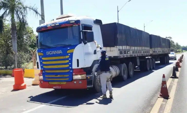Policial durante distribuição do kit de lanche a caminhoneiro em posto de fiscalização da BR-153 — Foto: Polícia Rodoviária Federal/Divulgação