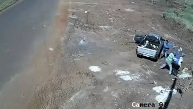 Imagens mostram carro parando no local e dois homens jogando material que estavam na caçamba do veículo — Foto: Câmera de segurança/Reprodução