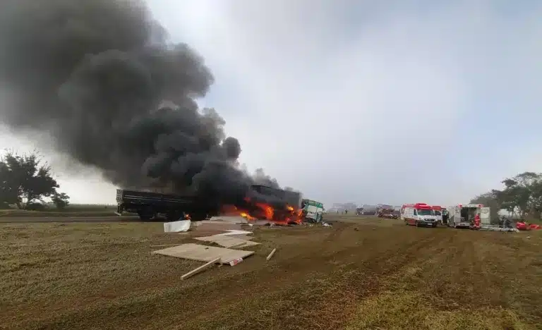 Batida frontal entre caminhões tem veículos incendiados e interdita BR-153 em Salto Grande — Foto: Polícia Rodoviária Federal/Divulgação