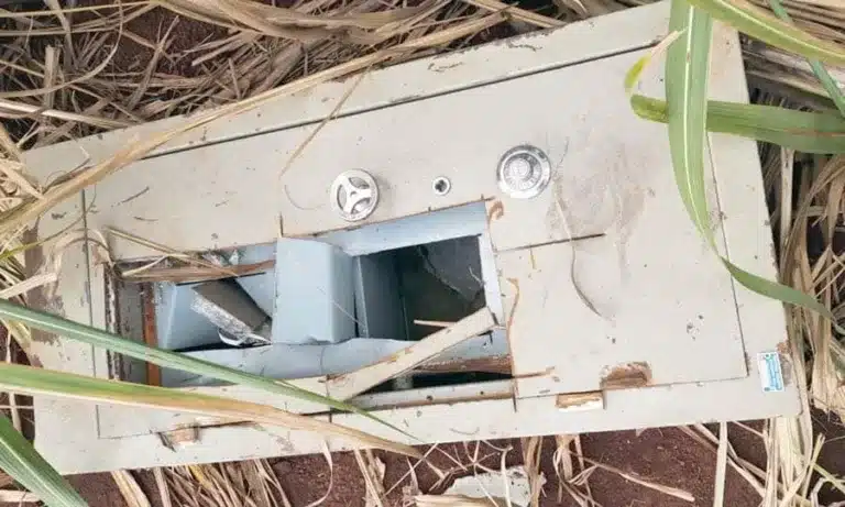 Cofre vazio furtado em Frutal do Campo é localizado em canavial de Tarumã