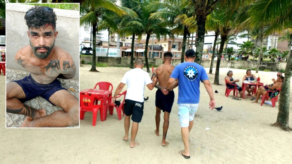 Jeferson Carlos da Silva (no detalhe) estava na praia quando foi preso pela equipe da Polícia Civil de Marília — Foto: Polícia Civil de Marília/Divulgação
