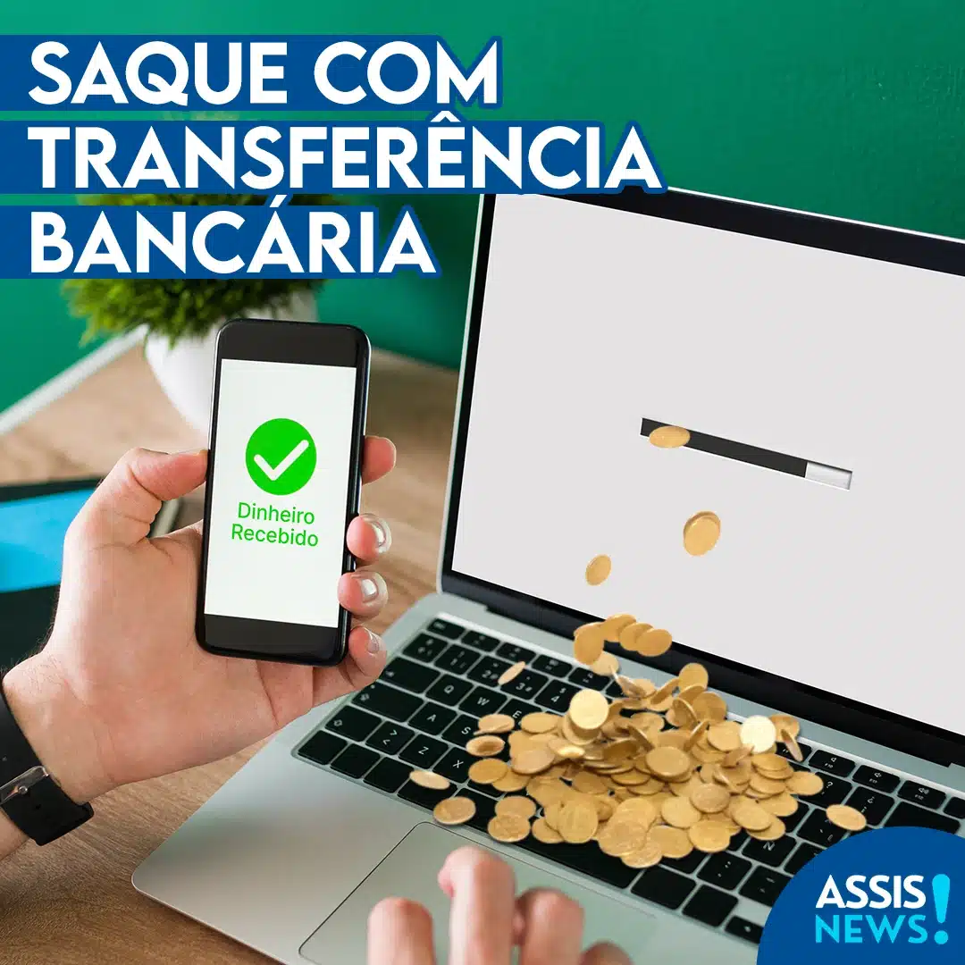 Withdrawal by Bank Transfer Imagem de uma transferência bancária bem-sucedida, com uma pessoa segura um celular mostrando a mensagem "Dinheiro Recebido" e moedas virtuais caindo da tela de um laptop.