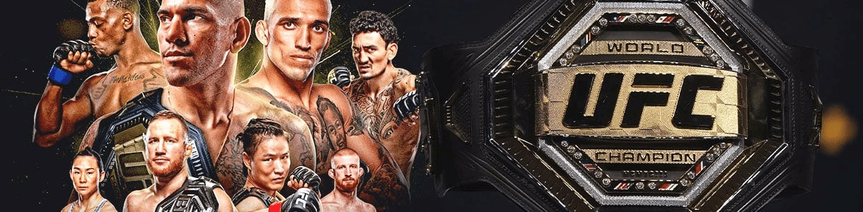 Imagem com vários lutadores e lutadoras do campeonato UFC, com a imagem do cinturão à direita do banner.